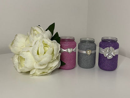 Glitter Jars with Embellishments, Pearl Heart, Diamante Heart, Pearl Flower with Ribbon, Kraft String