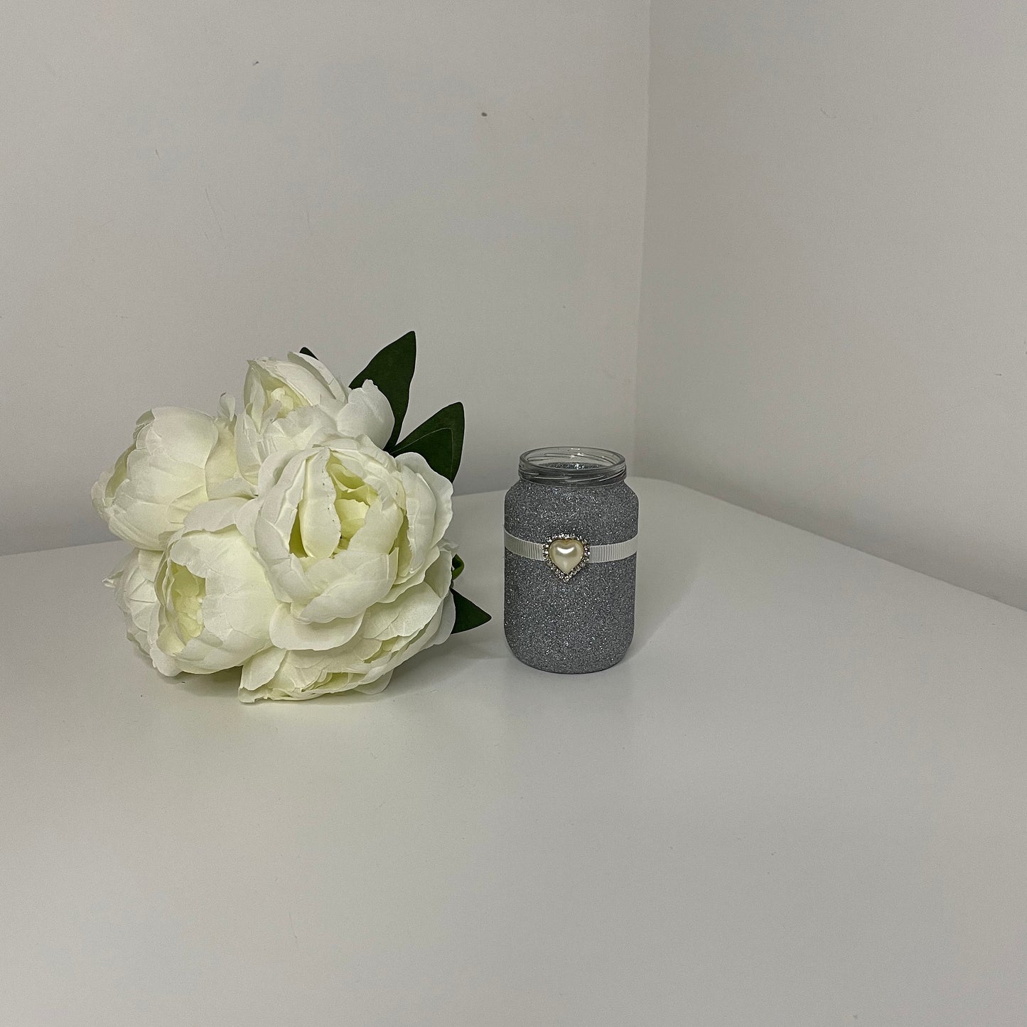 Glitter Jars with Embellishments, Pearl Heart, Diamante Heart, Pearl Flower with Ribbon, Kraft String