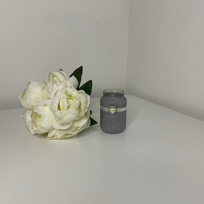 Glitter Jars with Embellishments, Pearl Heart, Diamante Heart, Pearl Flower with Ribbon, Kraft String