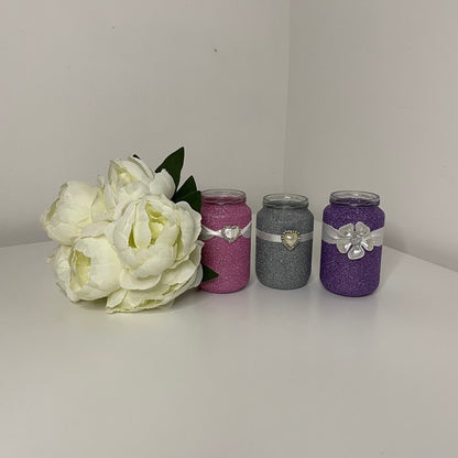 Glitter Jars with Embellishments, Pearl Heart, Diamante Heart, Pearl Flower with Ribbon, Kraft String