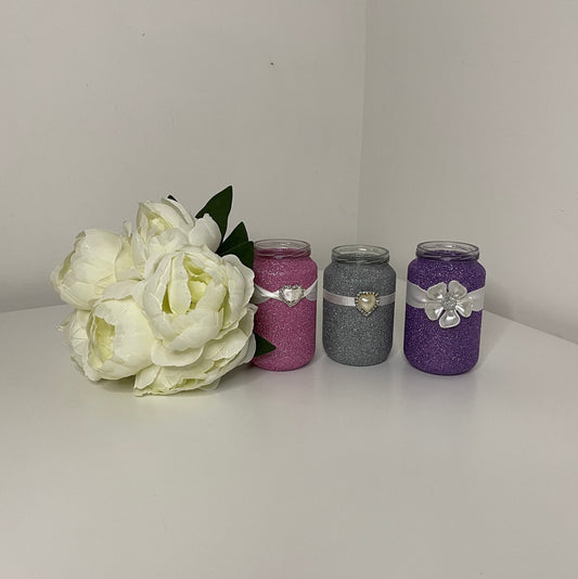 Glitter Jars with Embellishments, Pearl Heart, Diamante Heart, Pearl Flower with Ribbon, Kraft String