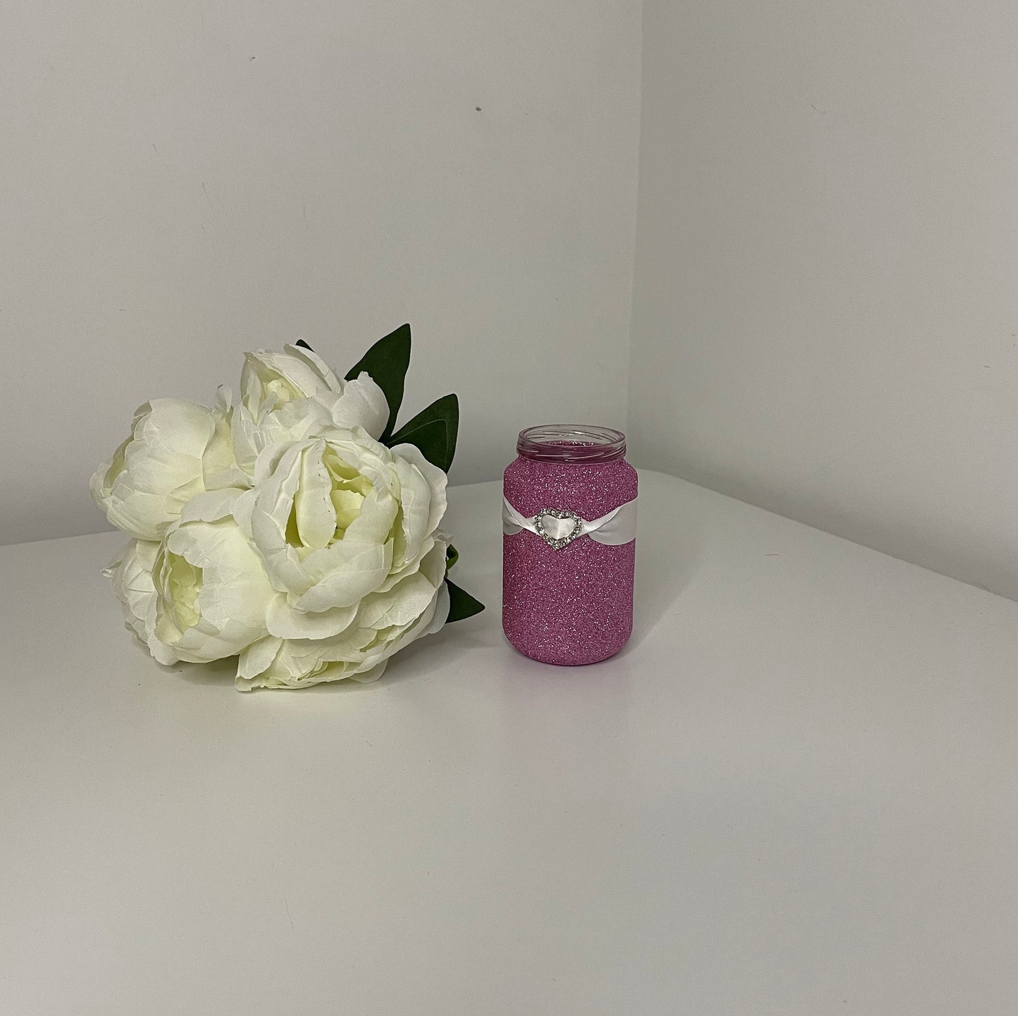 Glitter Jars with Embellishments, Pearl Heart, Diamante Heart, Pearl Flower with Ribbon, Kraft String