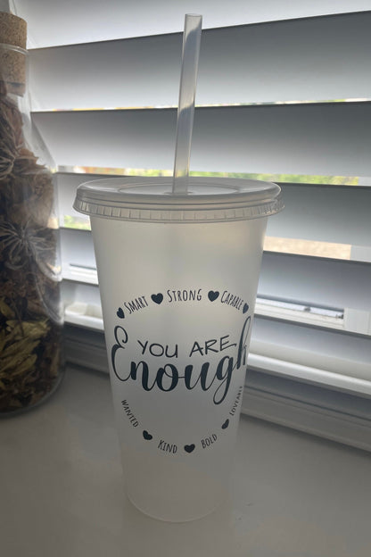 Personalised Affirmation Quotes Cold Cup with Straw and Lid, Inspired Iced Coffee Cup