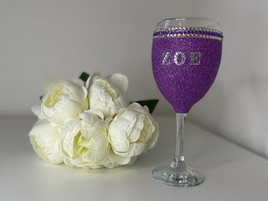 Glitter Wine Glass with Diamante Trim, Personalise Glitter Glasses for the Perfect Gift, Gifts for all Occasions, Birthdays, Weddings,