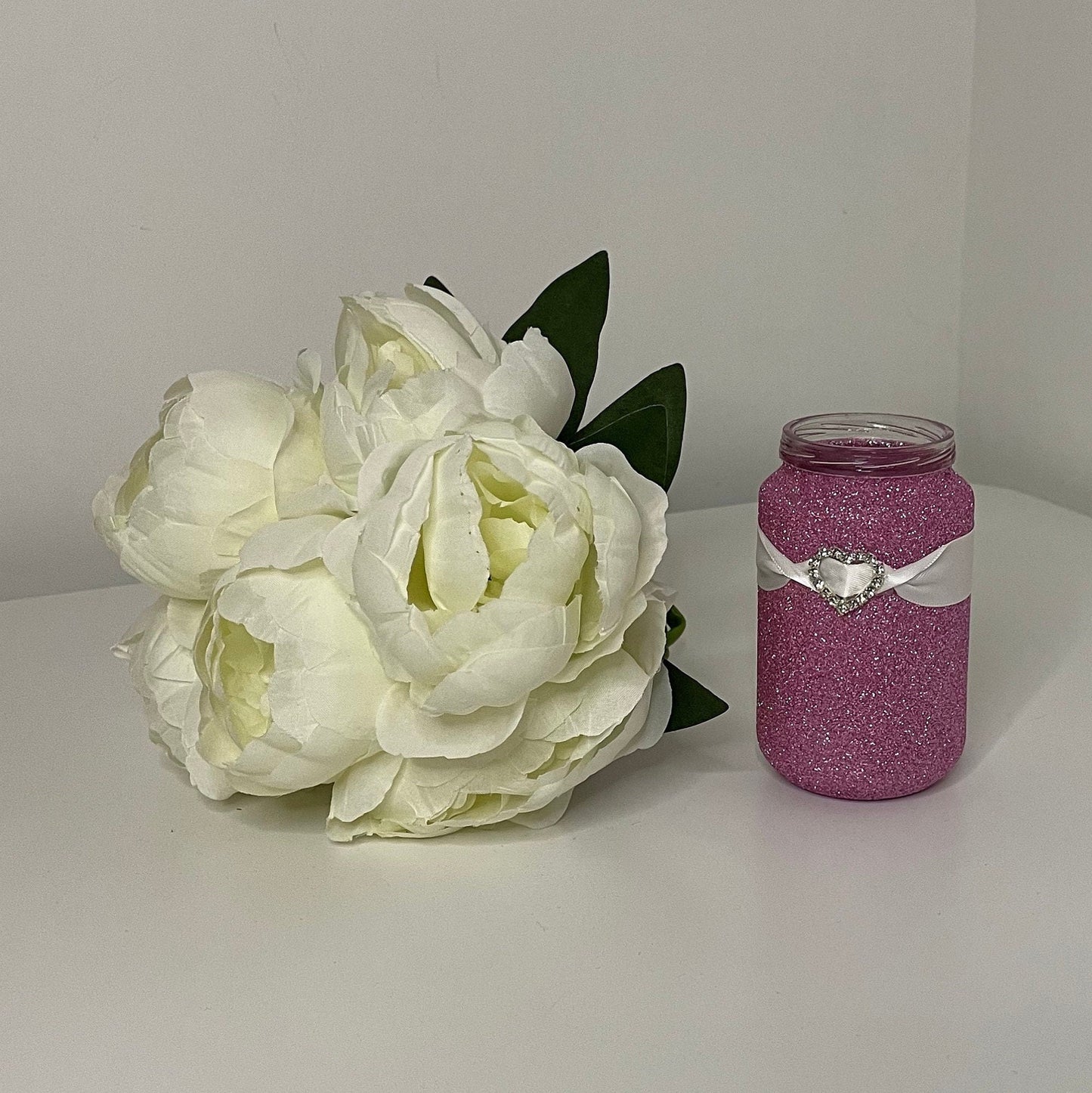 Glitter Jars with Embellishments, Pearl Heart, Diamante Heart, Pearl Flower with Ribbon, Kraft String
