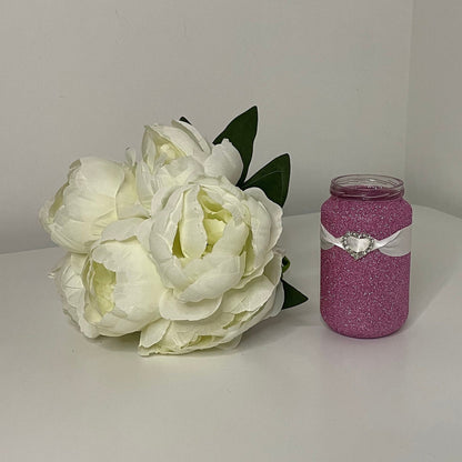 Glitter Jars with Embellishments, Pearl Heart, Diamante Heart, Pearl Flower with Ribbon, Kraft String