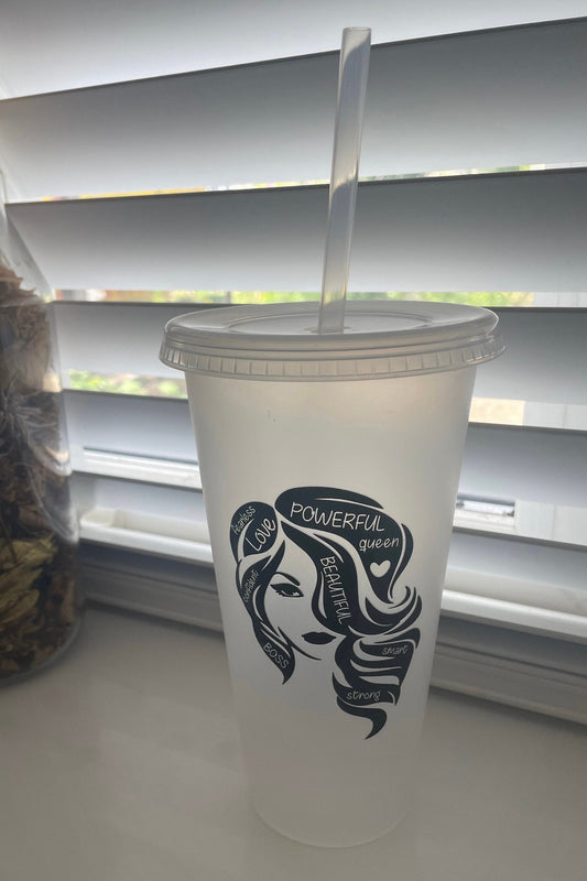 Personalised Affirmation Quotes Cold Cup with Straw and Lid, Inspired Iced Coffee Cup